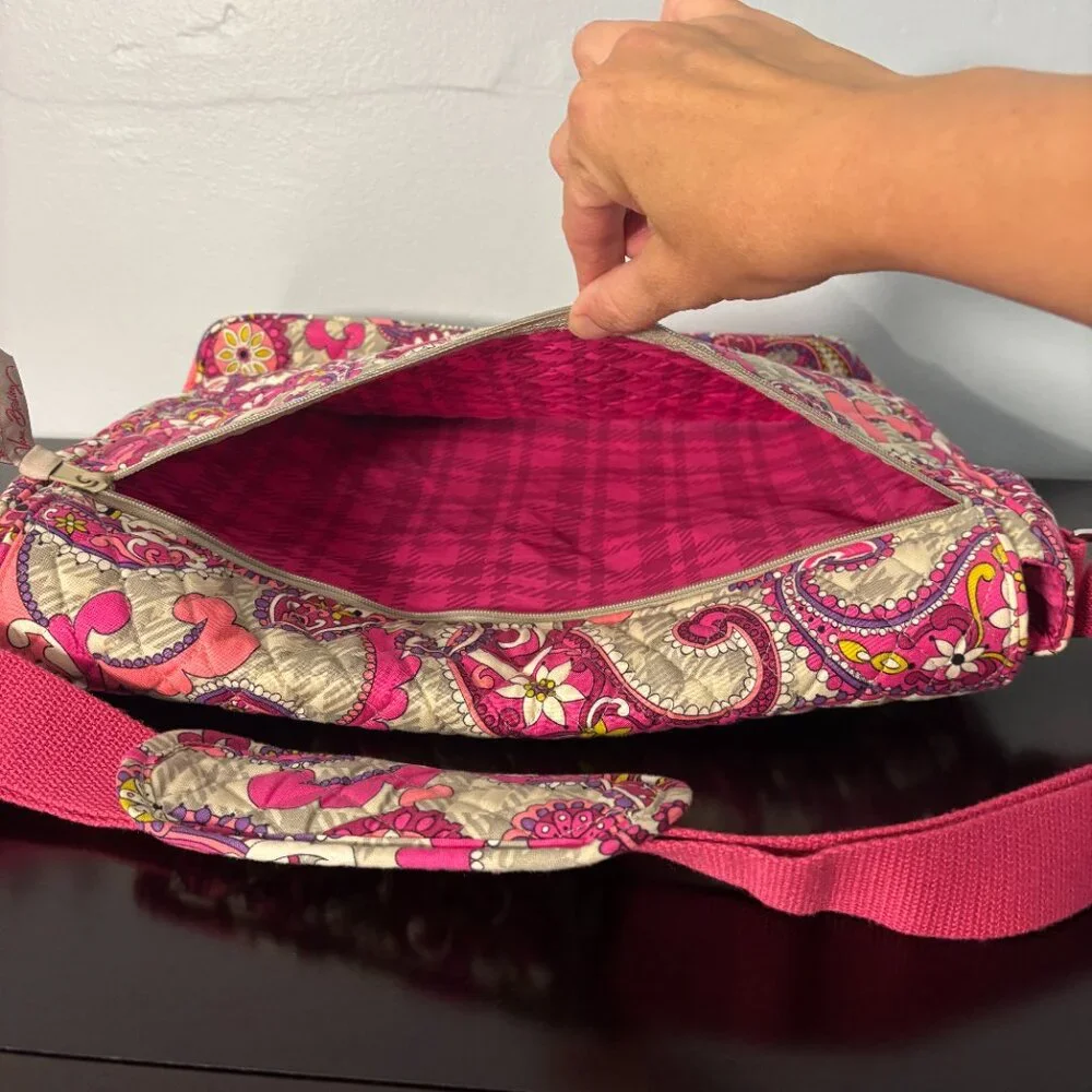 Vera Bradley Paisley Meets Plaid Pink and Gray Quilted Messenger Bag